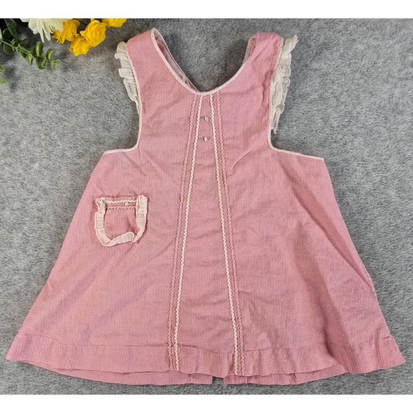 Handmade Other - Vintage 60s Gingham Ruffle Pinafore Dress Baby Handmade Embroidered 0-6m
